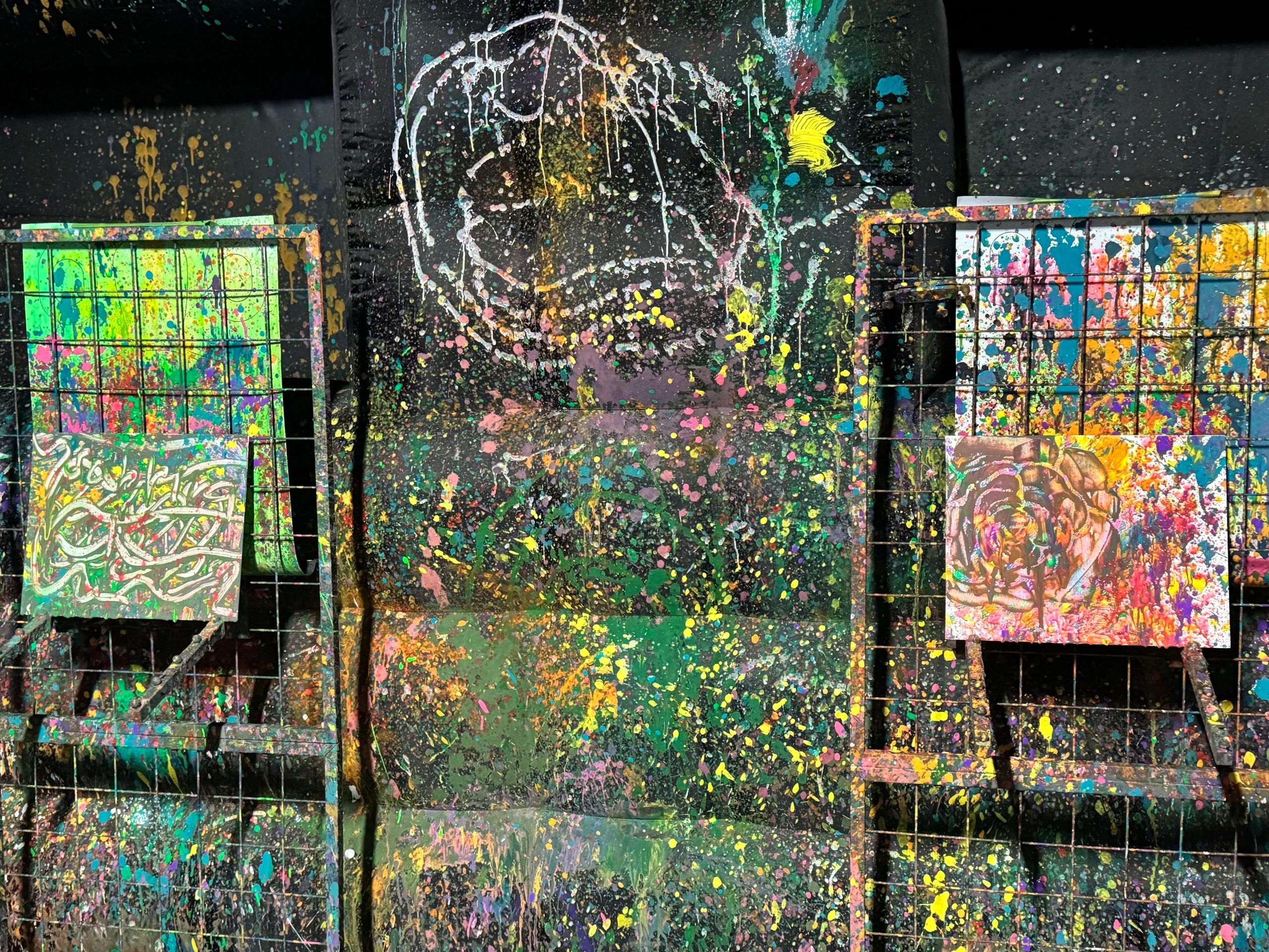 Paint-covered canvases on display